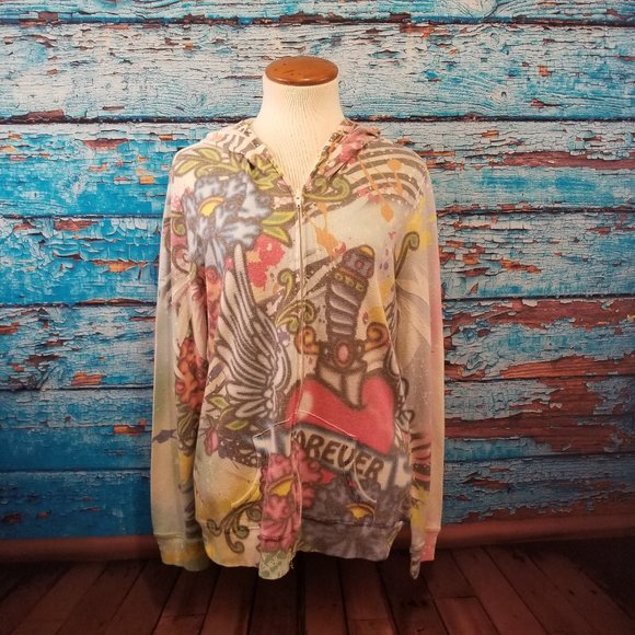 Wet Seal White with Tattoo Print Hooded Jacket - Picture 1 of 8